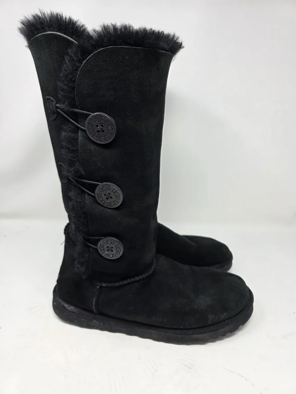 UGG Australia Bailey Button Triplet Boots Womens Black Suede Shearling Tall 9